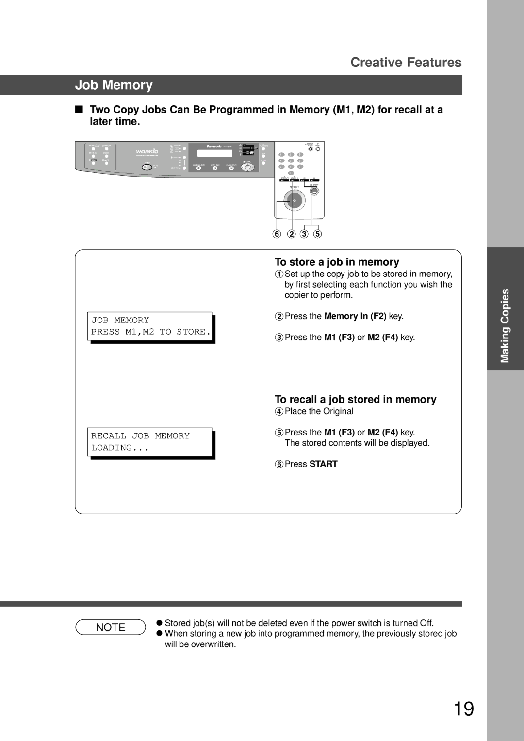 Technics DP-1810P Job Memory, To store a job in memory, To recall a job stored in memory, $Press the Memory In F2 key 