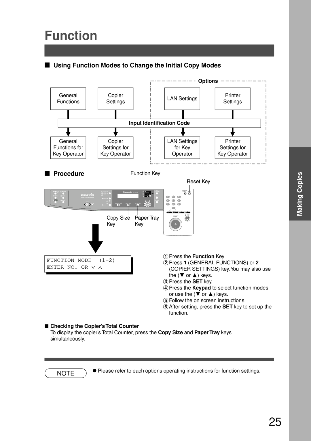 Technics DP-1810P manual Using Function Modes to Change the Initial Copy Modes, Options, Input Identification Code 