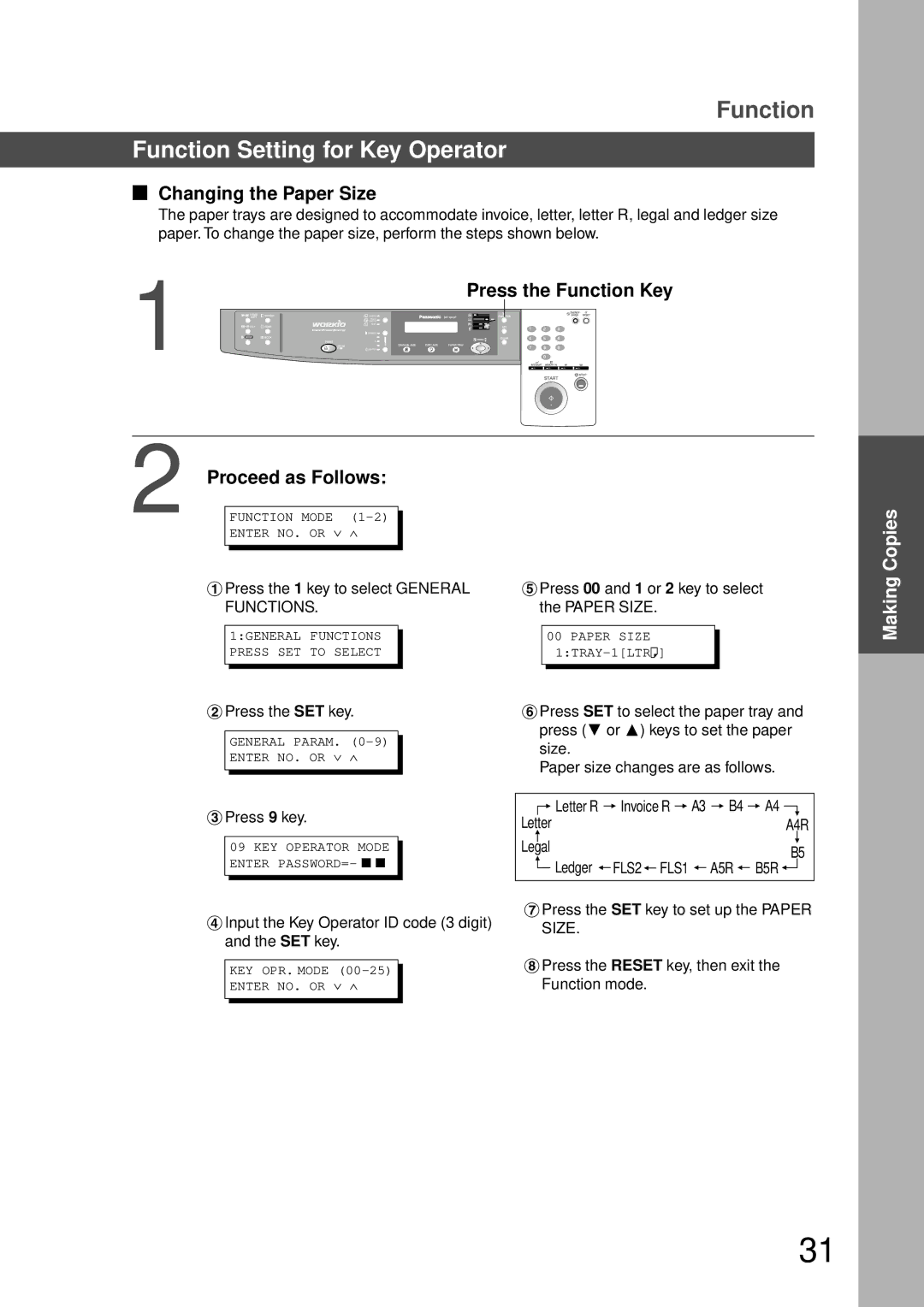 Technics DP-1810P manual Function Setting for Key Operator, Changing the Paper Size, B5R 