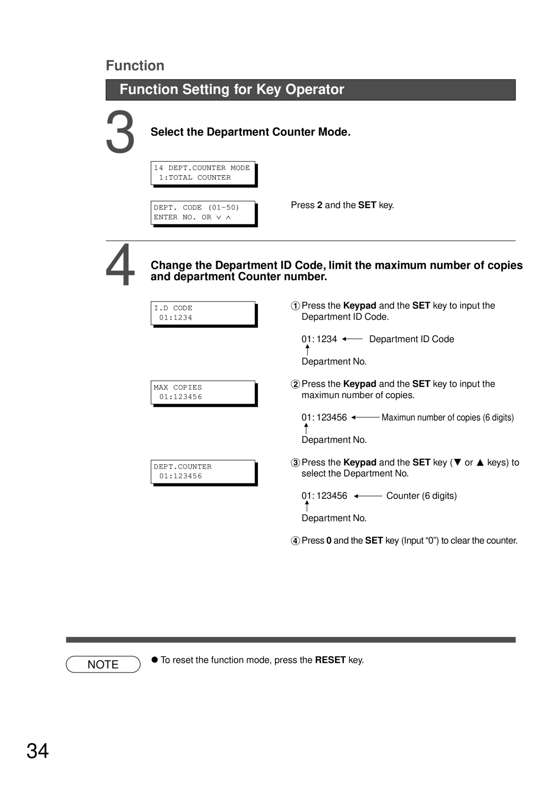 Technics DP-1810P manual Select the Department Counter Mode 