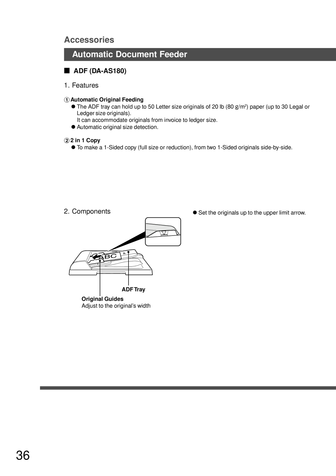 Technics DP-1810P manual Automatic Document Feeder, ADF DA-AS180, # Automatic Original Feeding, $2 in 1 Copy 