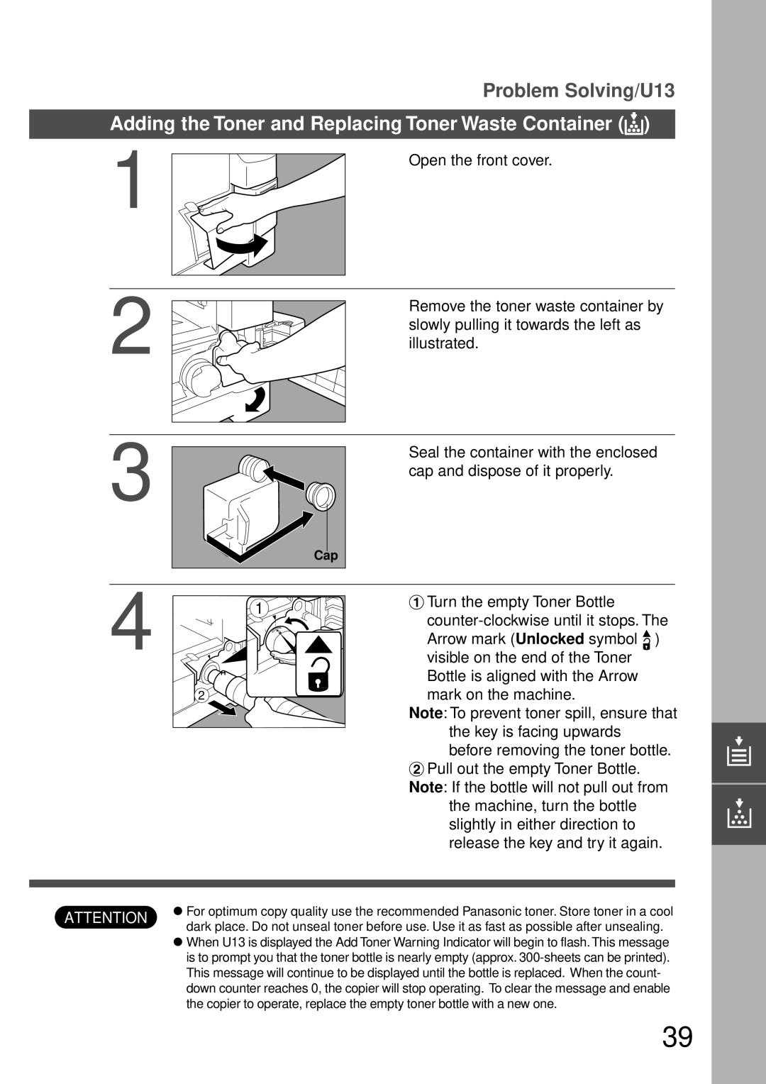 Technics DP-1810P manual Adding the Toner and Replacing Toner Waste Container ?, Cap 