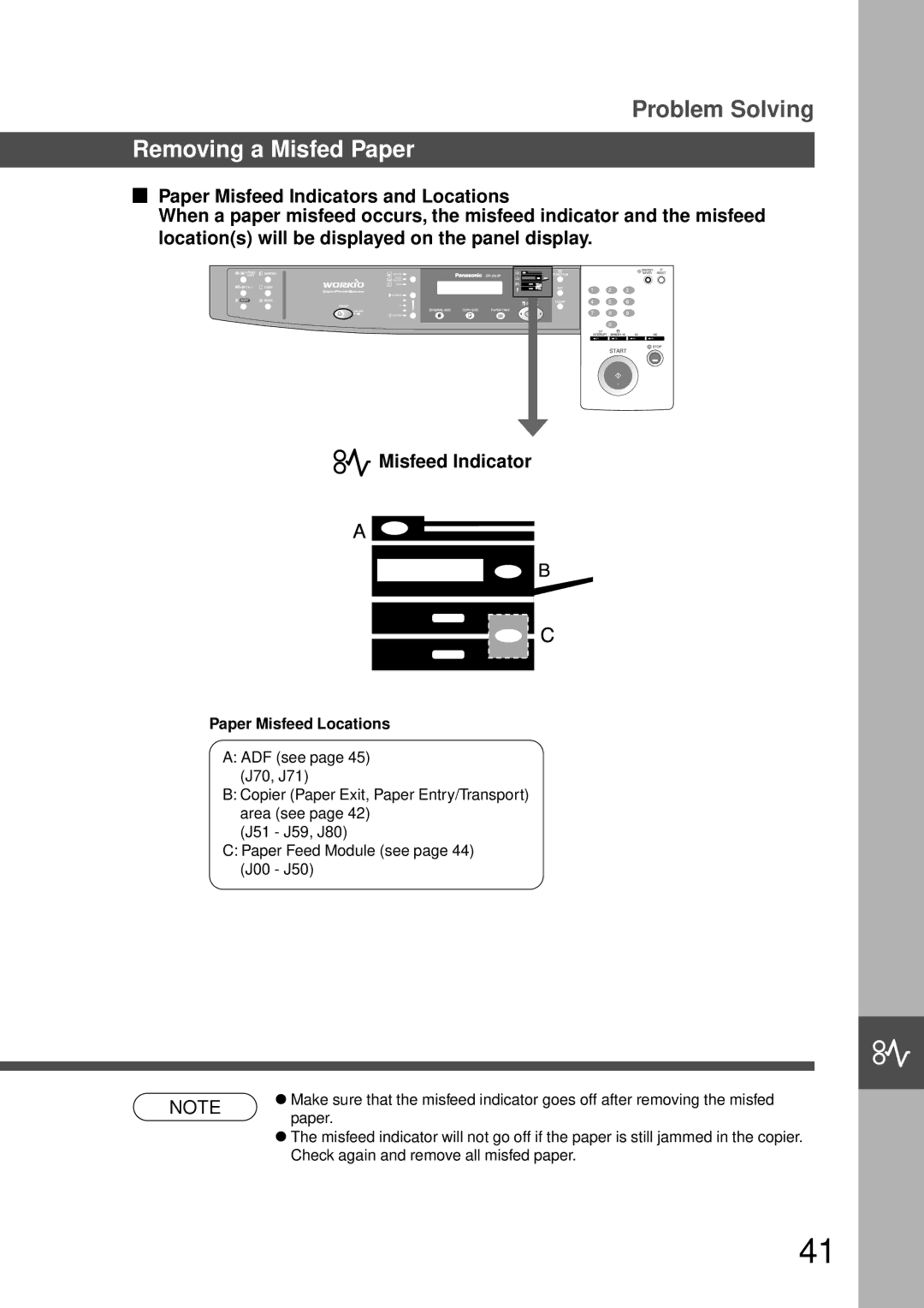 Technics DP-1810P manual Removing a Misfed Paper, Paper Misfeed Locations 