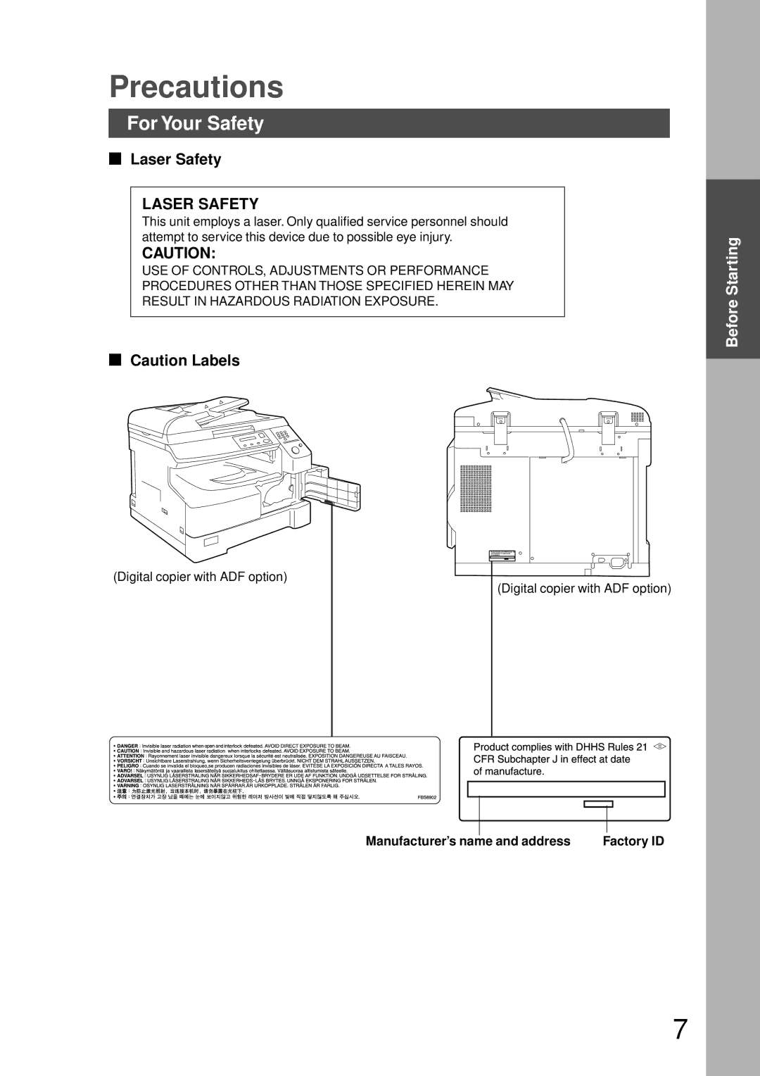 Technics DP-1810P manual Precautions, For Your Safety, Laser Safety, Manufacturer’s name and address Factory ID 