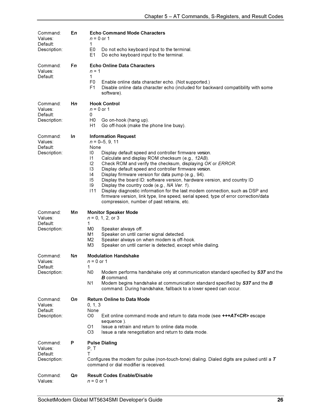 Technics MT5634SMI-92, MT5634SMI-34 manual Echo Command Mode Characters, Return Online to Data Mode 