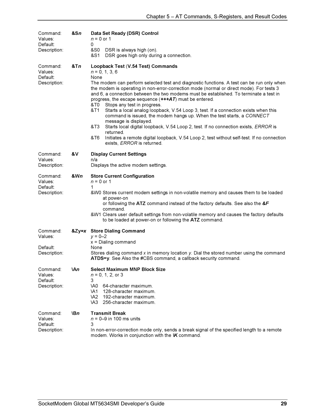 Technics MT5634SMI-34, MT5634SMI-92 manual Zy=x Store Dialing Command, An Select Maximum MNP Block Size, Bn Transmit Break 