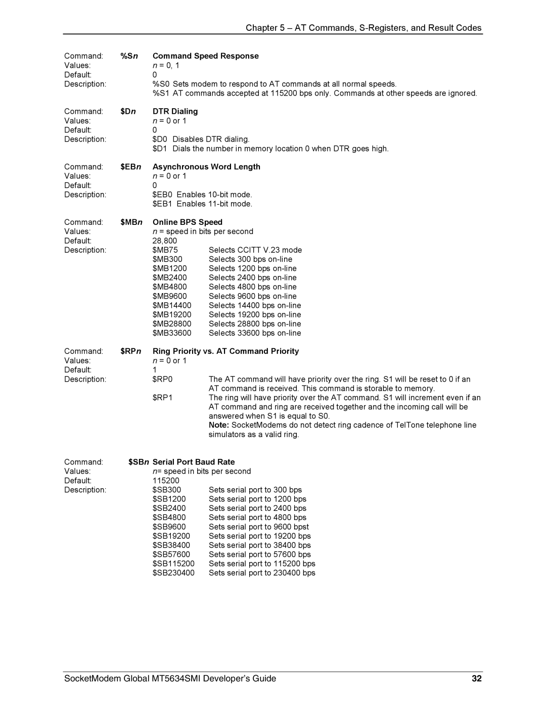 Technics MT5634SMI-92 $Dn DTR Dialing, $EBn Asynchronous Word Length, $MBn Online BPS Speed, $SBn Serial Port Baud Rate 