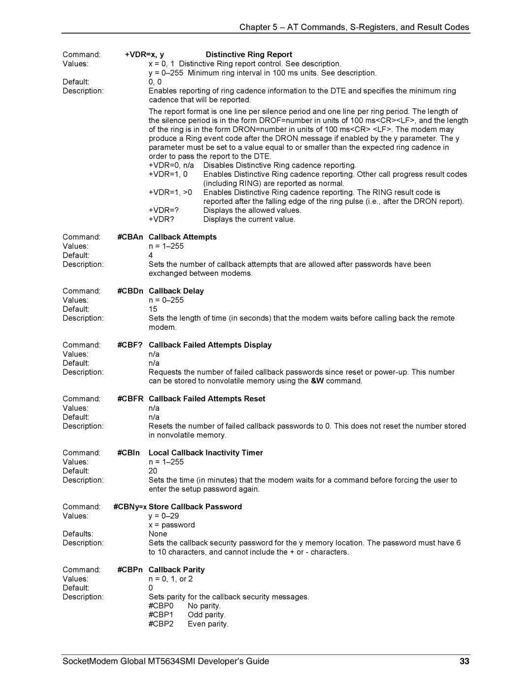 Technics MT5634SMI-34, MT5634SMI-92 manual +VDR=x, y Distinctive Ring Report, #CBAn Callback Attempts, #CBDn Callback Delay 