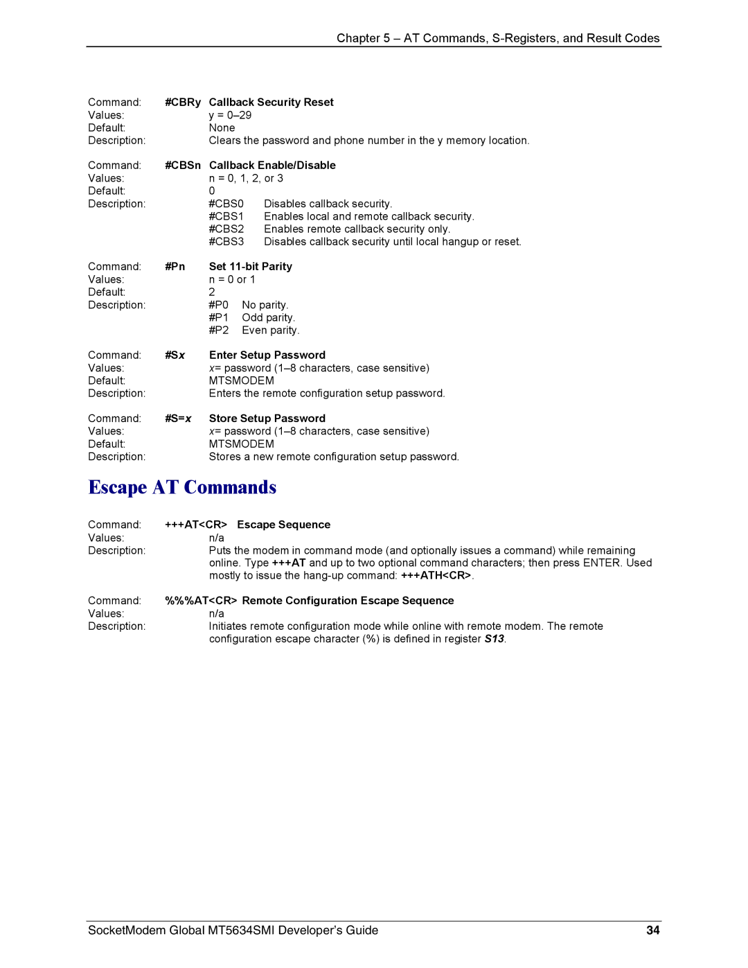 Technics MT5634SMI-92, MT5634SMI-34 manual Escape AT Commands 