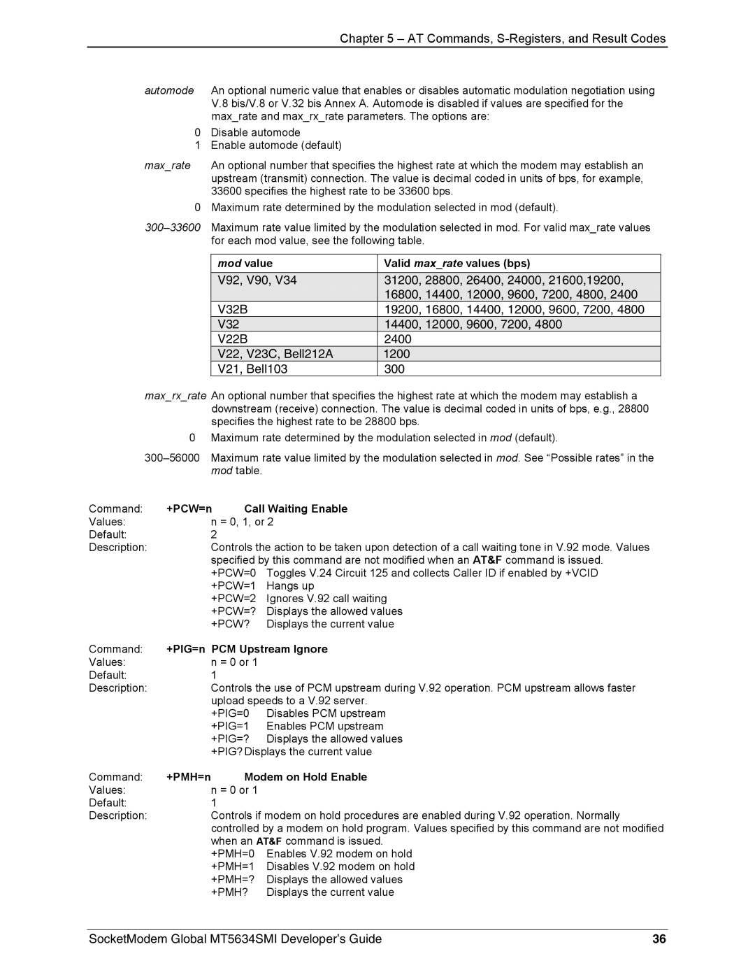 Technics MT5634SMI-92 manual Mod value Valid maxrate values bps, +PCW=n Call Waiting Enable, +PIG=n PCM Upstream Ignore 