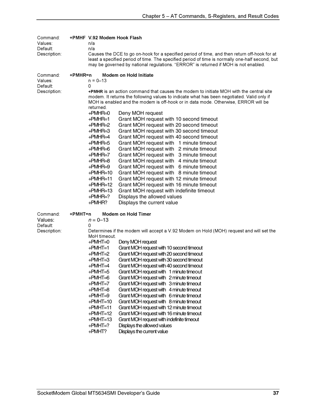 Technics MT5634SMI-34 manual +PMHF V.92 Modem Hook Flash, +PMHR=n Modem on Hold Initiate, +PMHT=n Modem on Hold Timer 