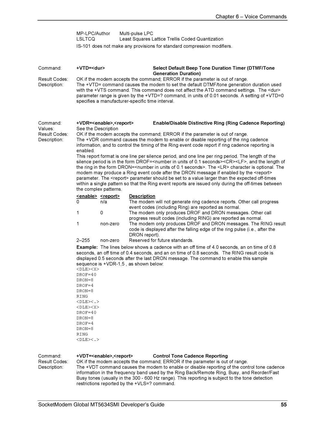 Technics MT5634SMI-34, MT5634SMI-92 Lsltcq, Enable Report Description, +VDT=enable,report Control Tone Cadence Reporting 