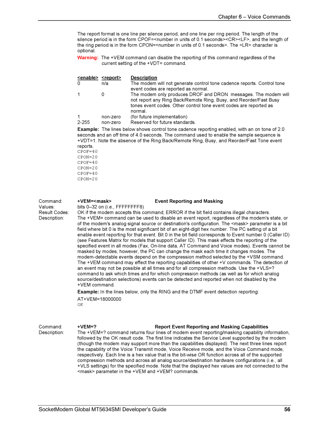 Technics MT5634SMI-92 manual +VEM=mask Event Reporting and Masking, +VEM=? Report Event Reporting and Masking Capabilities 