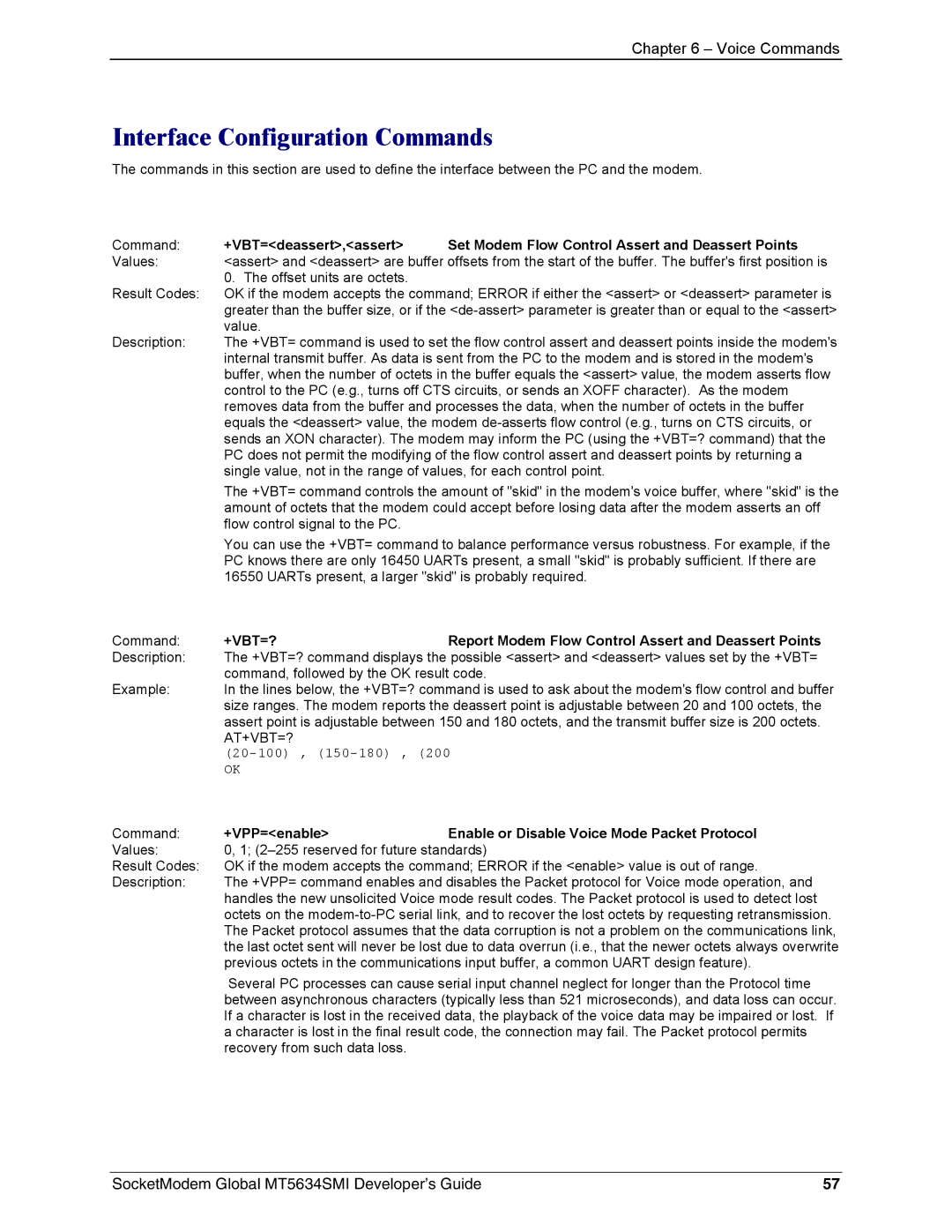 Technics MT5634SMI-34 manual Interface Configuration Commands, +VBT=? Report Modem Flow Control Assert and Deassert Points 