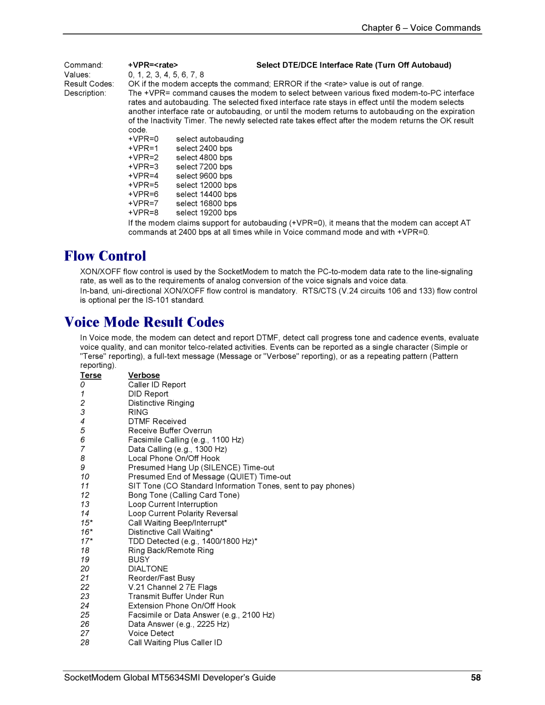 Technics MT5634SMI-92 Flow Control, Voice Mode Result Codes, +VPR=rate Select DTE/DCE Interface Rate Turn Off Autobaud 