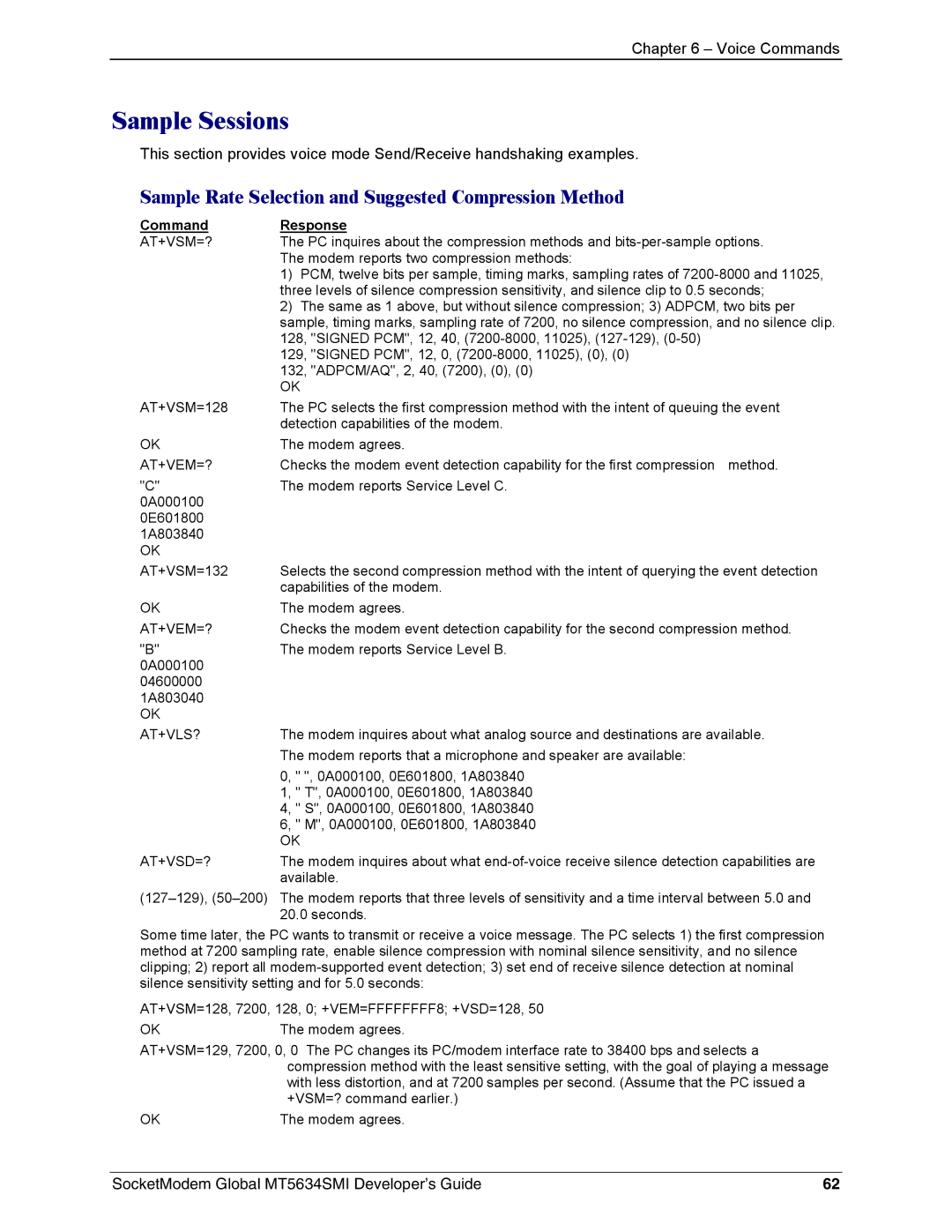 Technics MT5634SMI-92 manual Sample Sessions, Sample Rate Selection and Suggested Compression Method, Command Response 