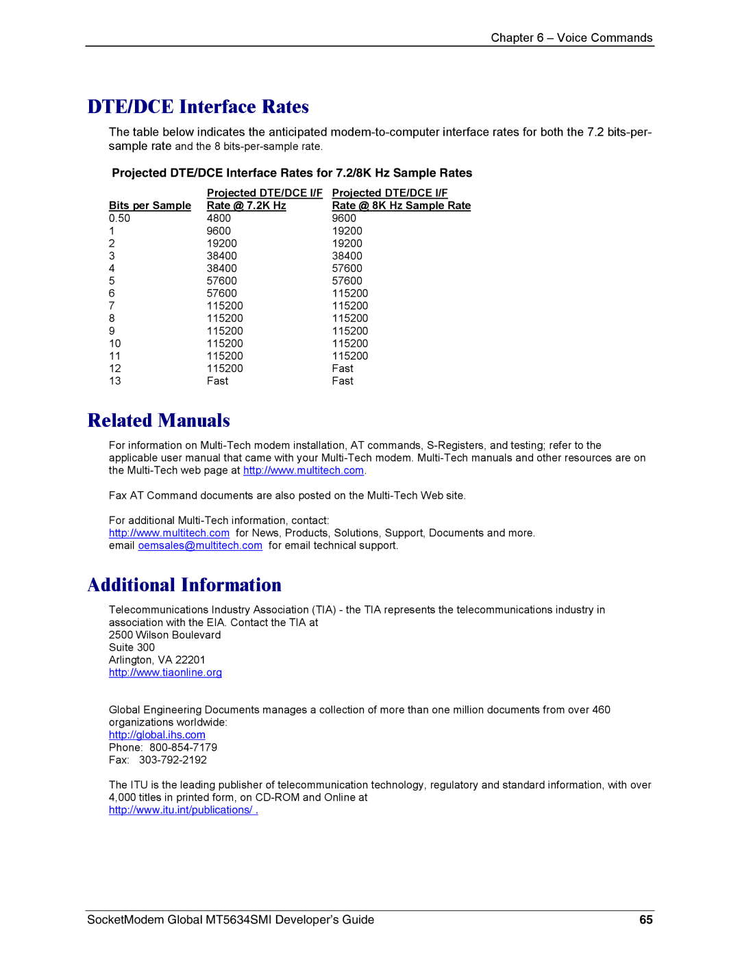 Technics MT5634SMI-34, MT5634SMI-92 manual DTE/DCE Interface Rates, Related Manuals, Additional Information 