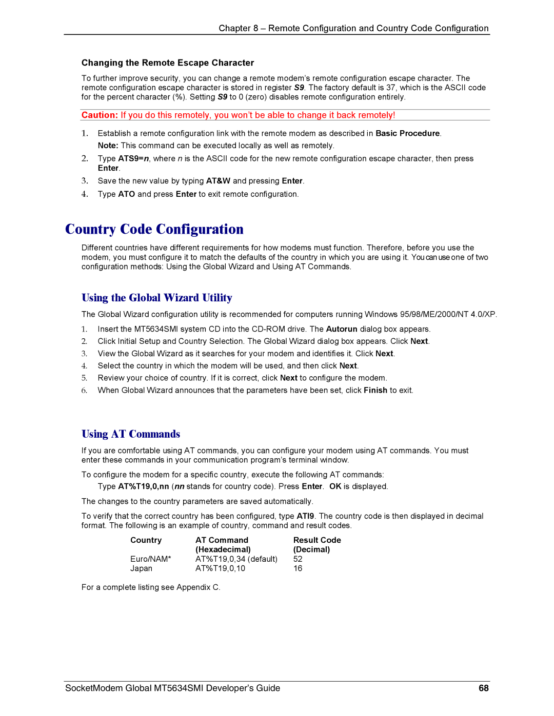 Technics MT5634SMI-92, MT5634SMI-34 manual Country Code Configuration, Using the Global Wizard Utility, Using AT Commands 