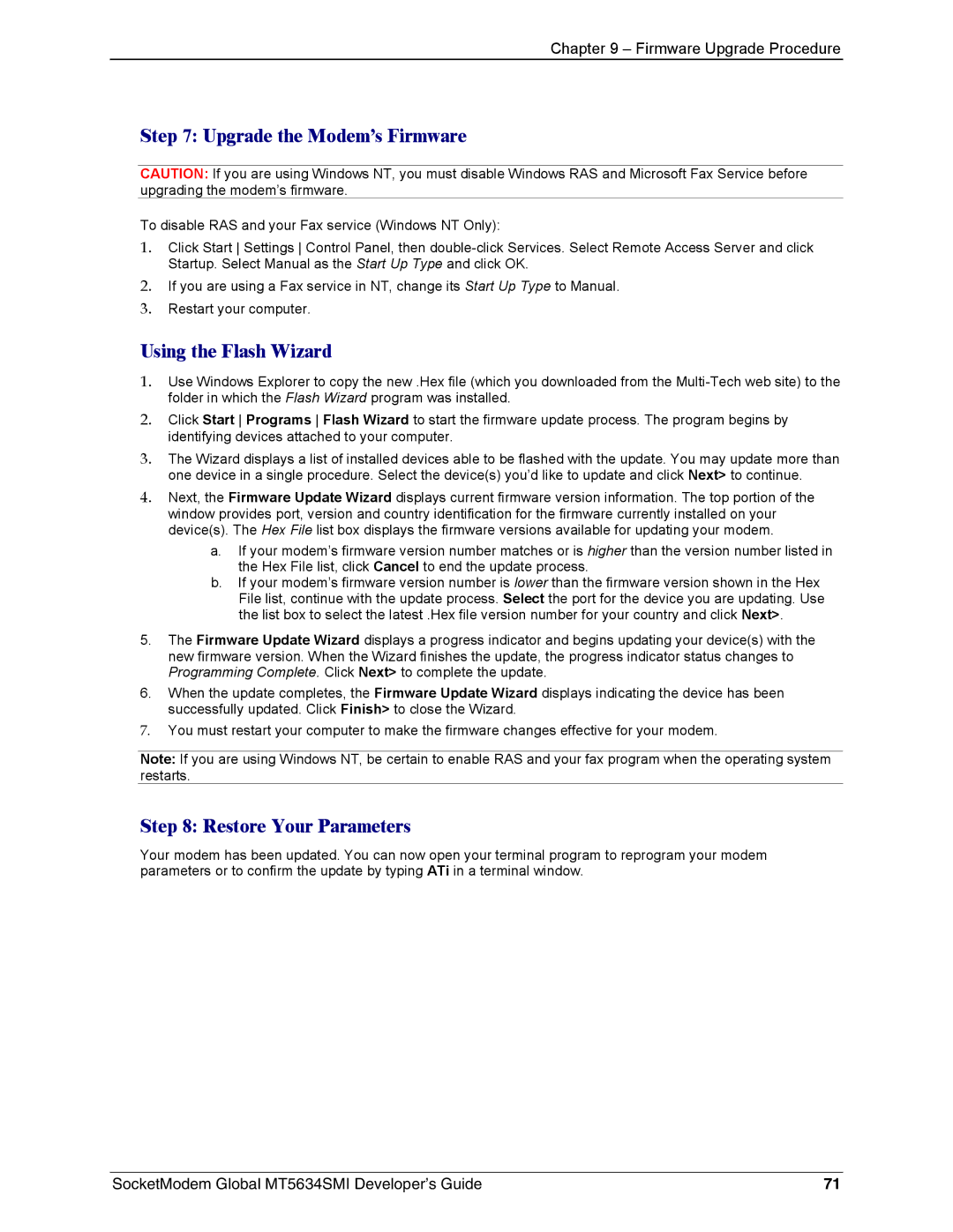Technics MT5634SMI-34, MT5634SMI-92 manual Upgrade the Modem’s Firmware, Using the Flash Wizard, Restore Your Parameters 