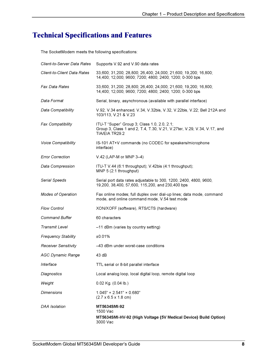 Technics MT5634SMI-92, MT5634SMI-34 manual Technical Specifications and Features, TIA/EIA TR29.2 