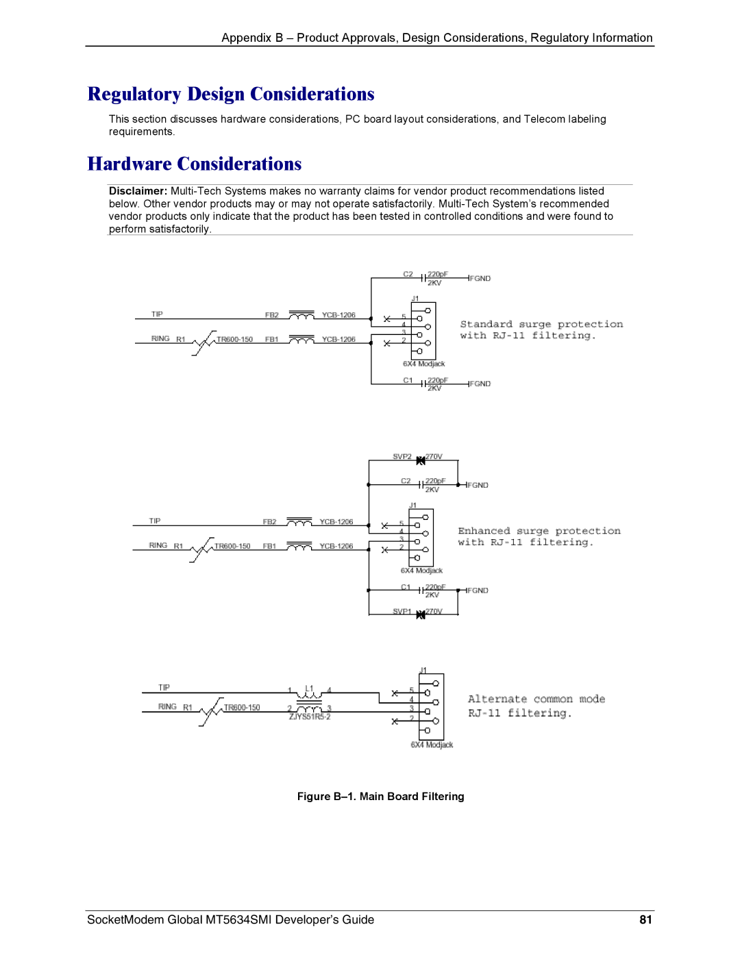 Technics MT5634SMI-34, MT5634SMI-92 manual Regulatory Design Considerations, Hardware Considerations 