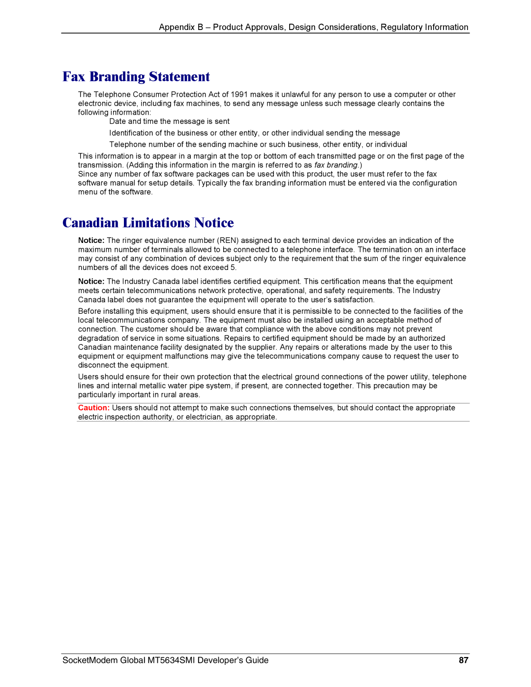 Technics MT5634SMI-34, MT5634SMI-92 manual Fax Branding Statement, Canadian Limitations Notice 