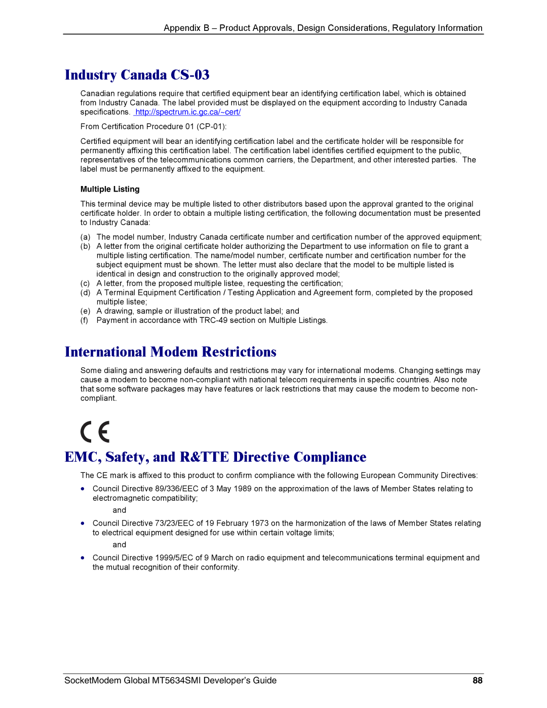 Technics MT5634SMI-92 Industry Canada CS-03, International Modem Restrictions, EMC, Safety, and R&TTE Directive Compliance 