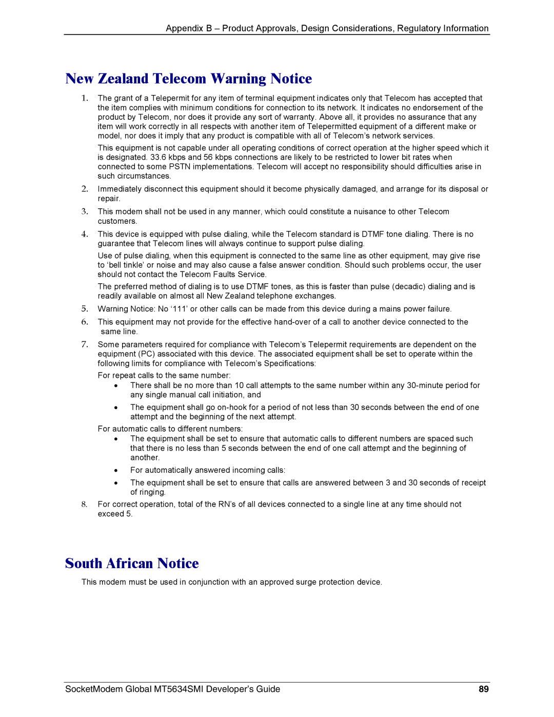 Technics MT5634SMI-34, MT5634SMI-92 manual New Zealand Telecom Warning Notice, South African Notice 