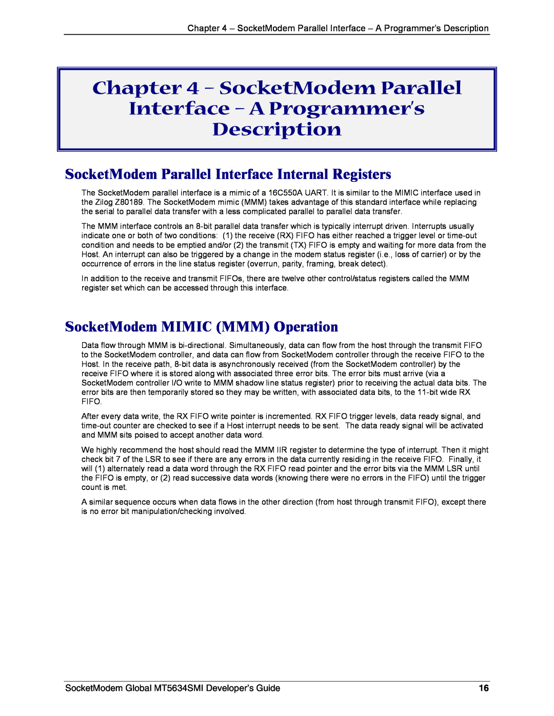 Technics MT5634SMI-92 manual SocketModem Parallel Interface - A Programmer’s, Description, SocketModem MIMIC MMM Operation 