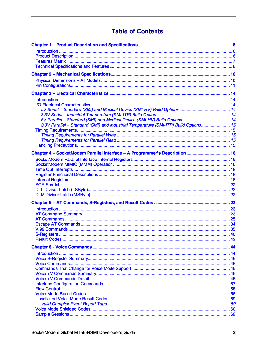 Technics MT5634SMI-34 manual SocketModem Global MT5634SMI Developer’s Guide, Table of Contents, Mechanical Specifications 