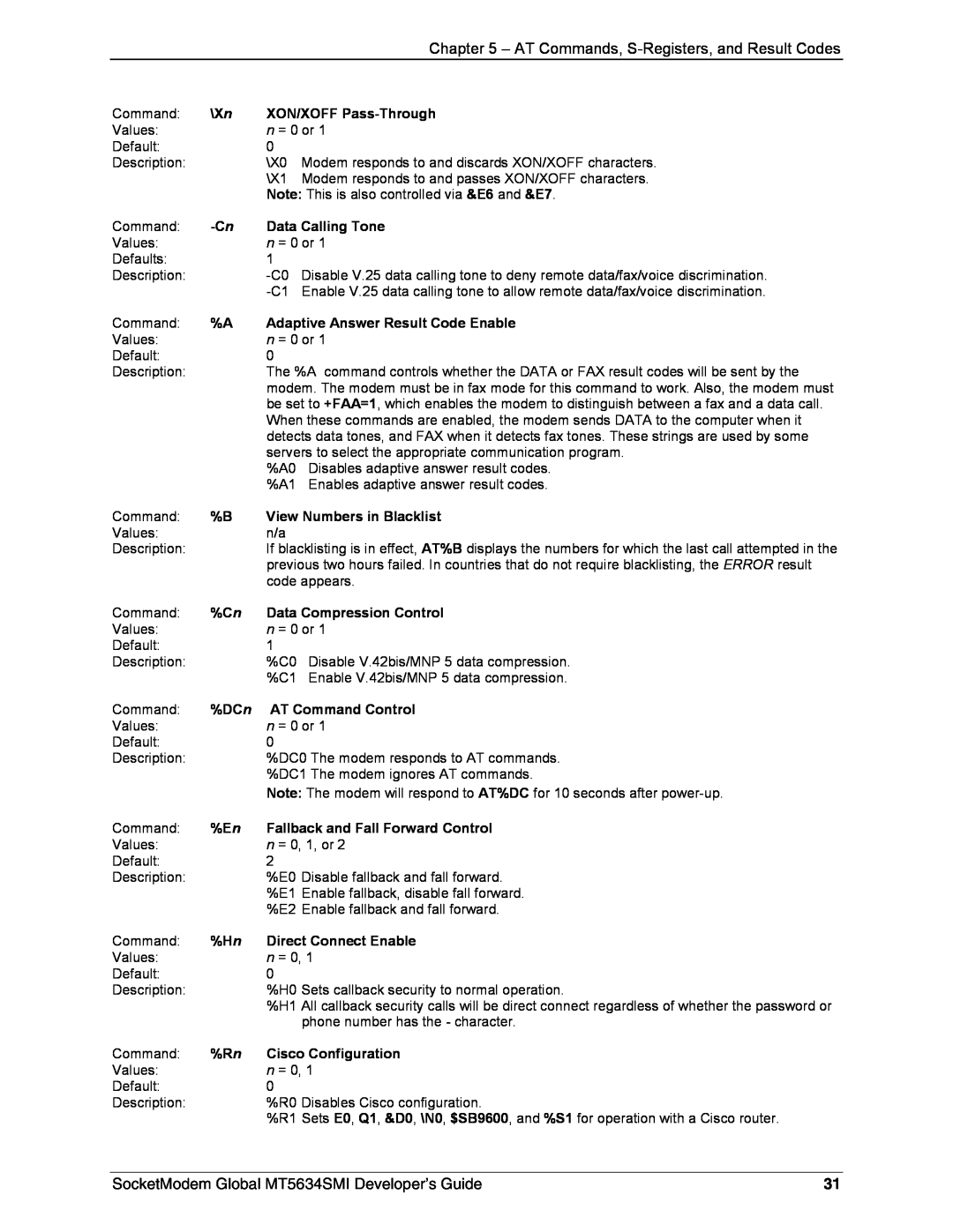 Technics MT5634SMI-34 manual AT Commands, S-Registers, and Result Codes, SocketModem Global MT5634SMI Developer’s Guide 