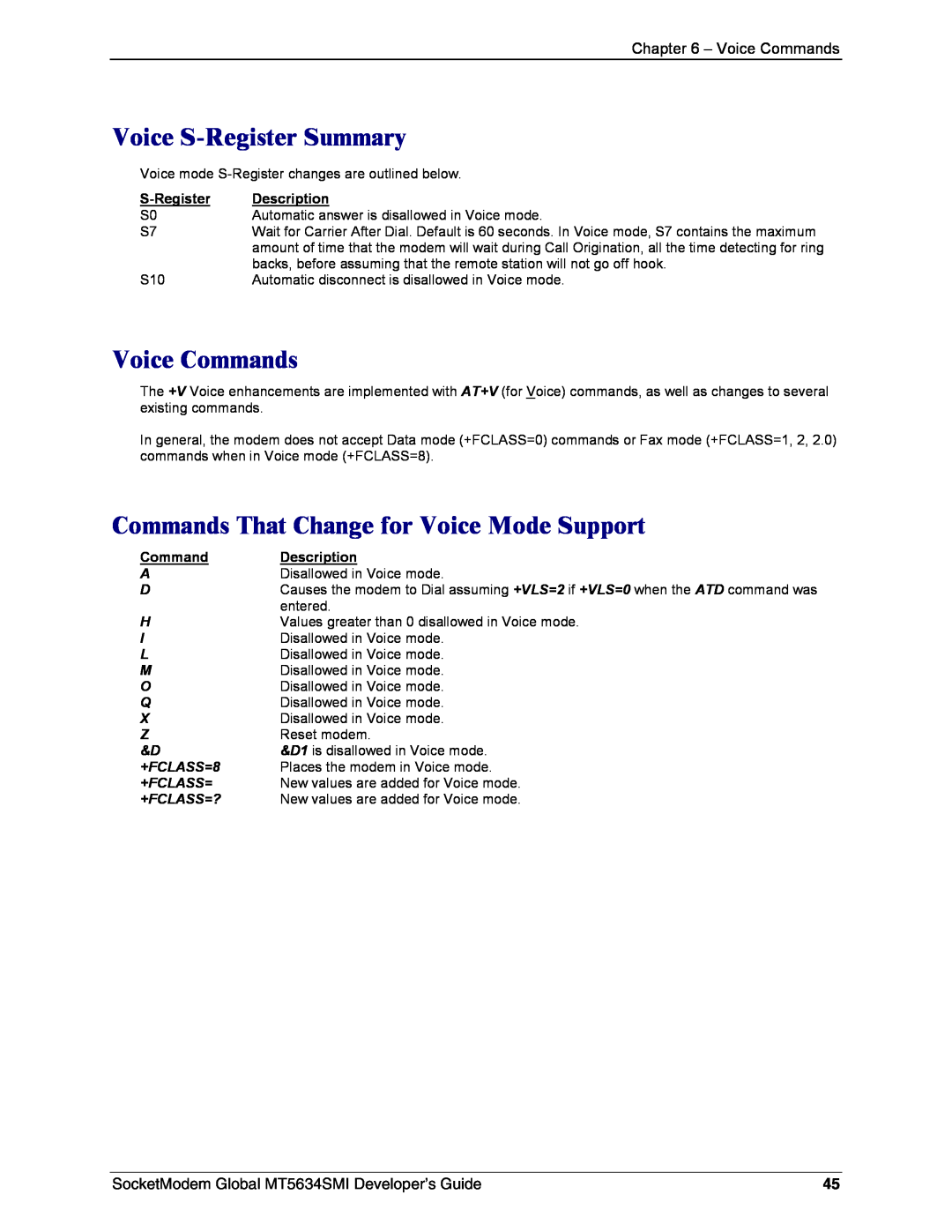 Technics MT5634SMI-34, MT5634SMI-92 Voice S-Register Summary, Voice Commands, Commands That Change for Voice Mode Support 