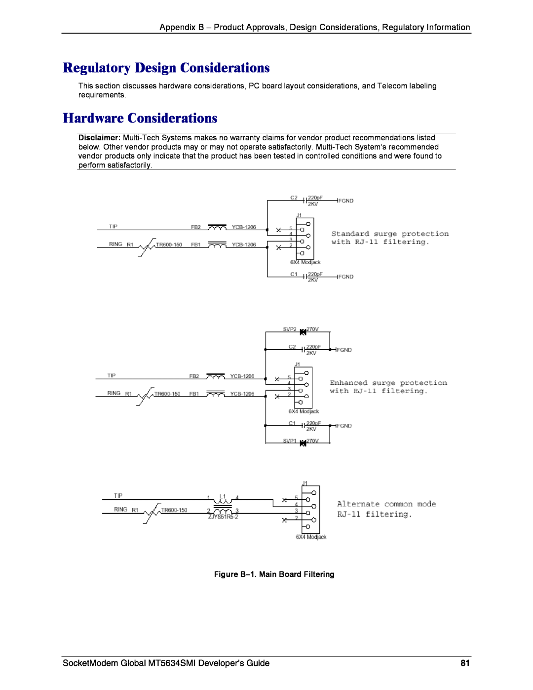 Technics MT5634SMI-34 manual Regulatory Design Considerations, Hardware Considerations, Figure B-1. Main Board Filtering 