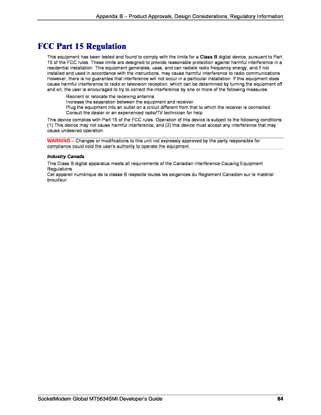 Technics MT5634SMI-92 manual FCC Part 15 Regulation, SocketModem Global MT5634SMI Developer’s Guide, Industry Canada 