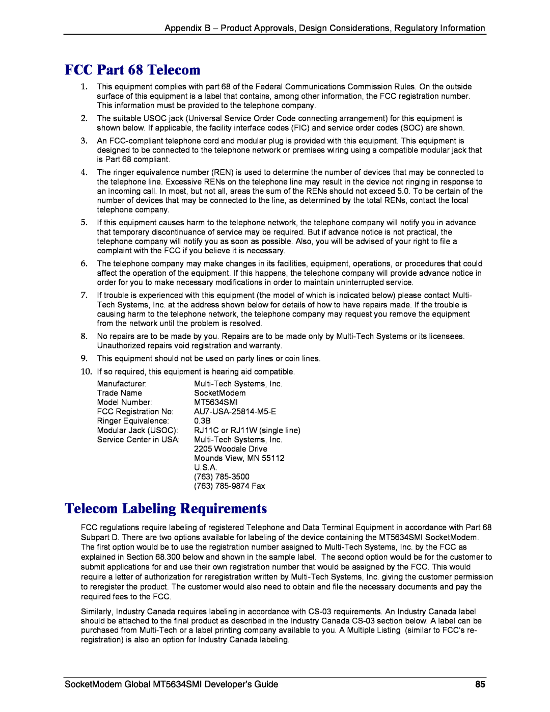 Technics MT5634SMI-34 FCC Part 68 Telecom, Telecom Labeling Requirements, SocketModem Global MT5634SMI Developer’s Guide 