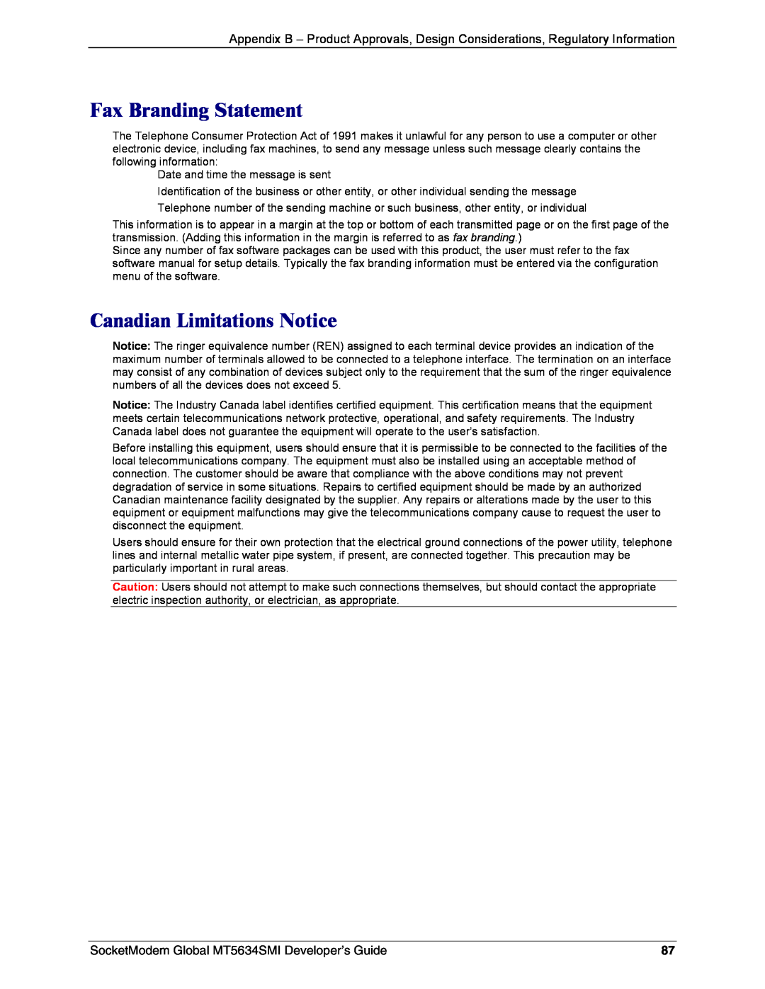 Technics MT5634SMI-34 Fax Branding Statement, Canadian Limitations Notice, SocketModem Global MT5634SMI Developer’s Guide 