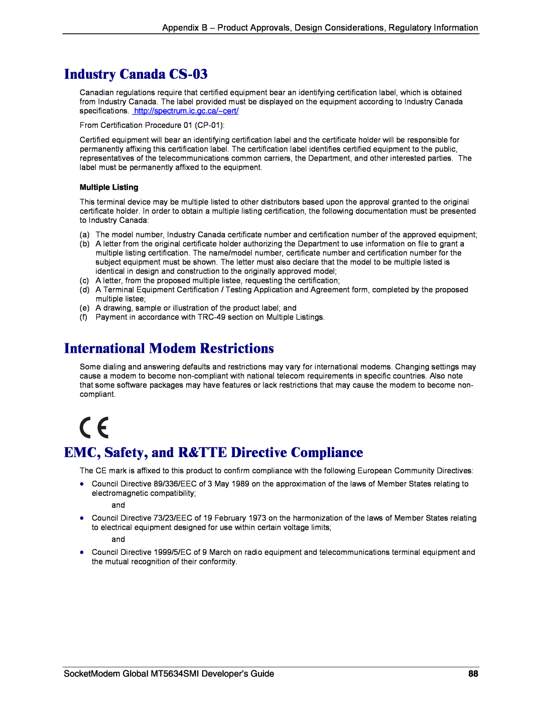 Technics MT5634SMI-92 Industry Canada CS-03, International Modem Restrictions, EMC, Safety, and R&TTE Directive Compliance 