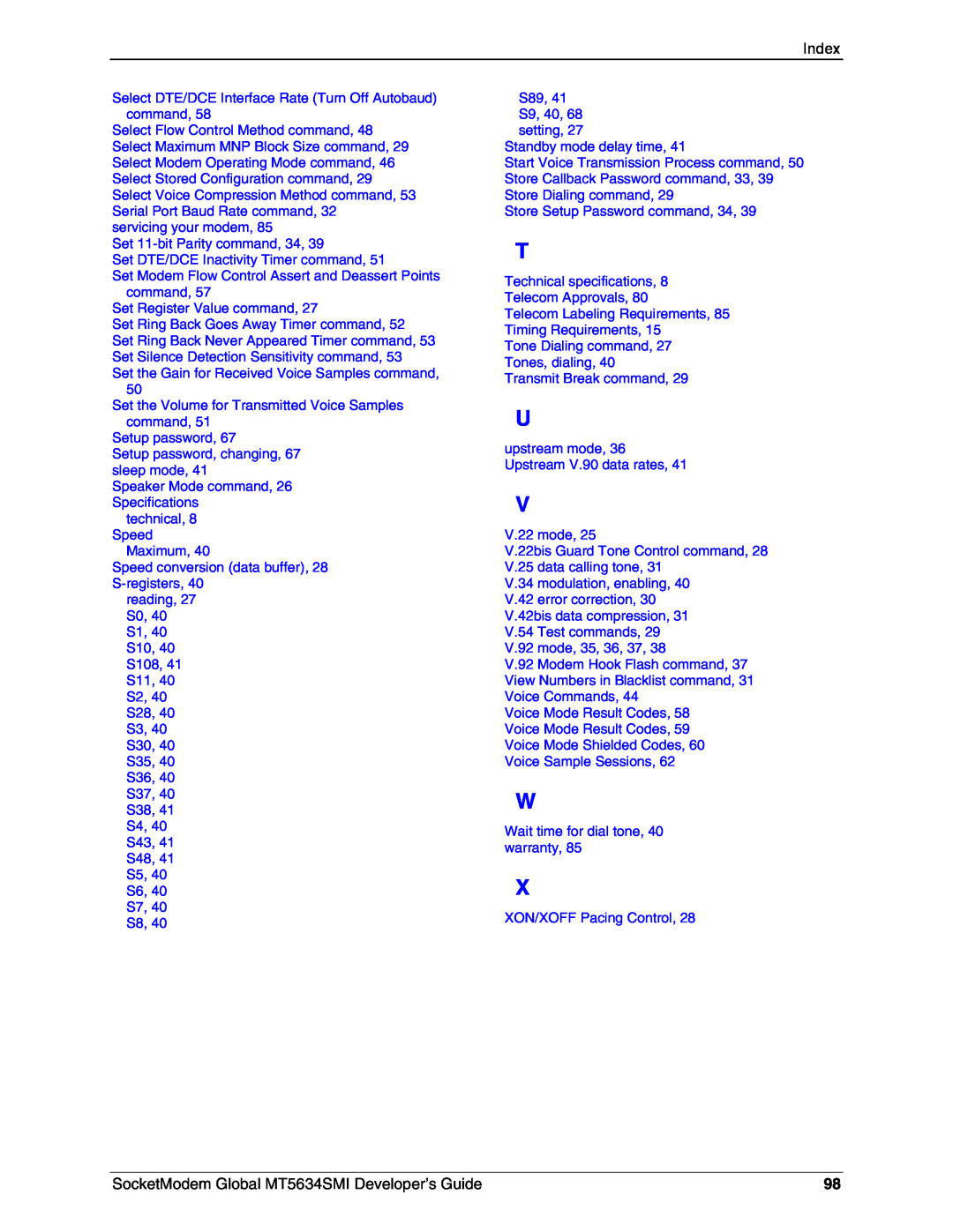 Technics MT5634SMI-92, MT5634SMI-34 manual Index, SocketModem Global MT5634SMI Developer’s Guide 