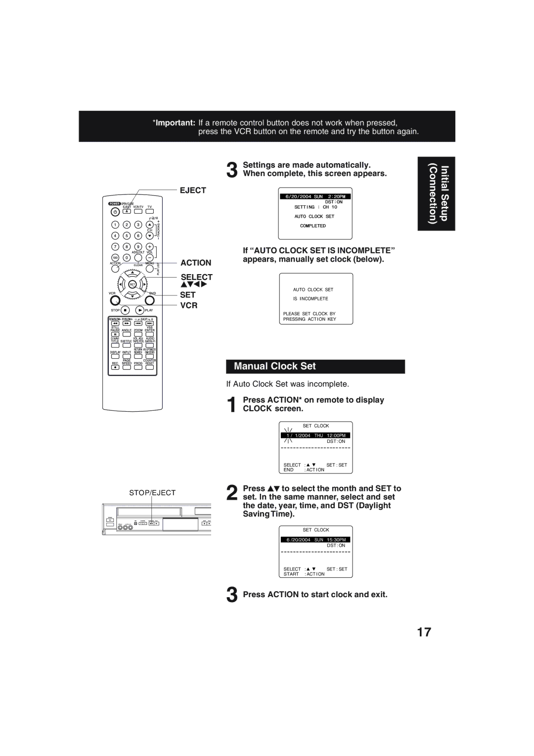 Technics PV-D4754S manual Manual Clock Set, Eject Action Select, If Auto Clock Set was incomplete 