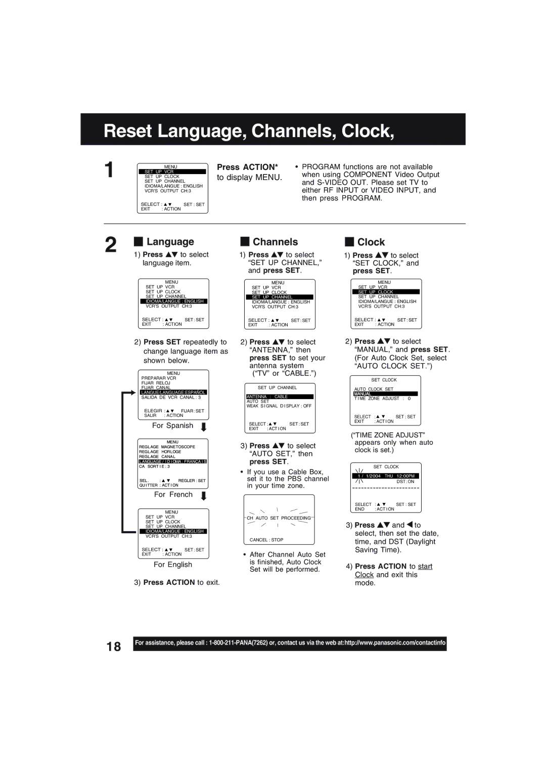 Technics PV-D4754S manual Reset Language, Channels, Clock, To display Menu, Press Action to exit 