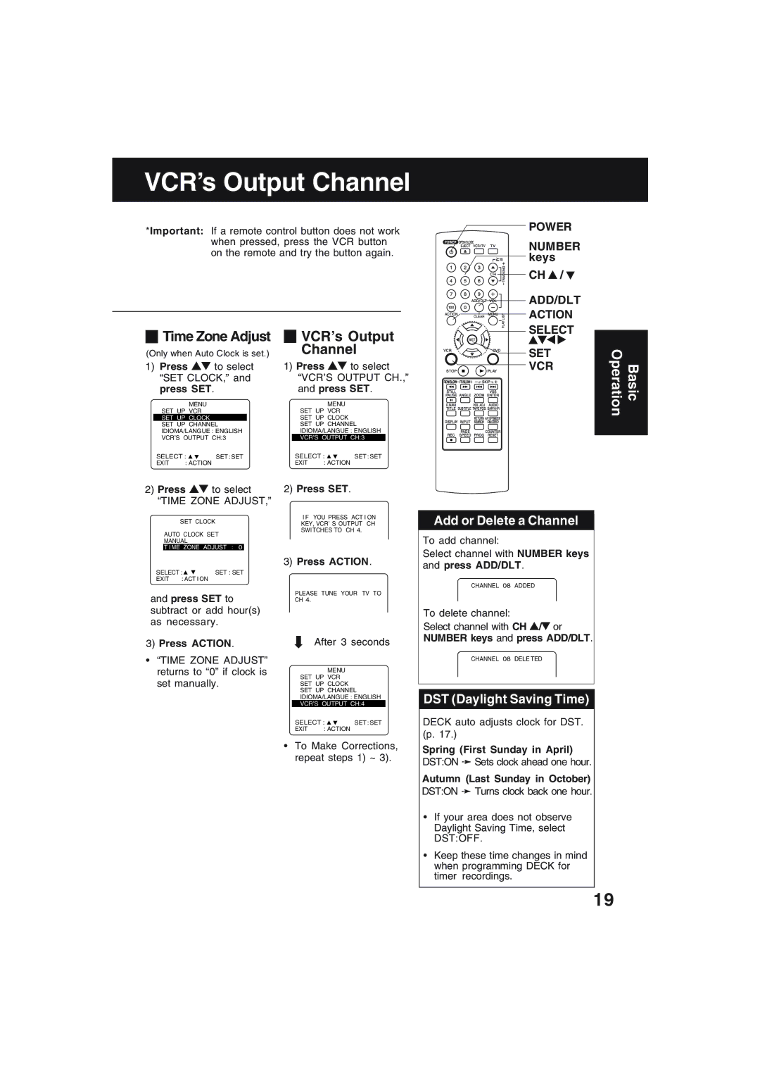 Technics PV-D4754S manual VCR’s Output Channel, Add or Delete a Channel, DST Daylight Saving Time 