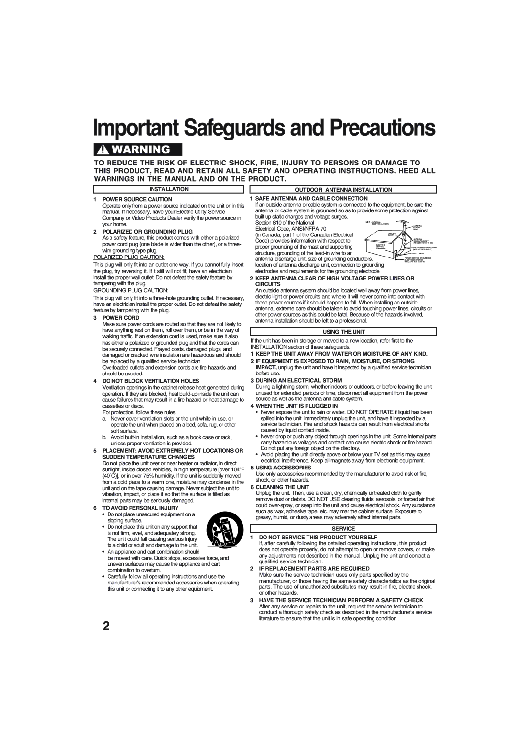 Technics PV-D4754S manual Important Safeguards and Precautions 