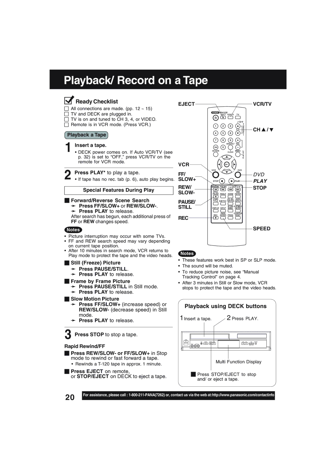 Technics PV-D4754S manual Playback/ Record on a Tape, Playback using Deck buttons, Eject VCR/TV, Slow+ 