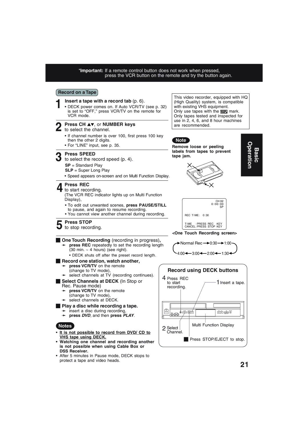 Technics PV-D4754S manual Record using Deck buttons 