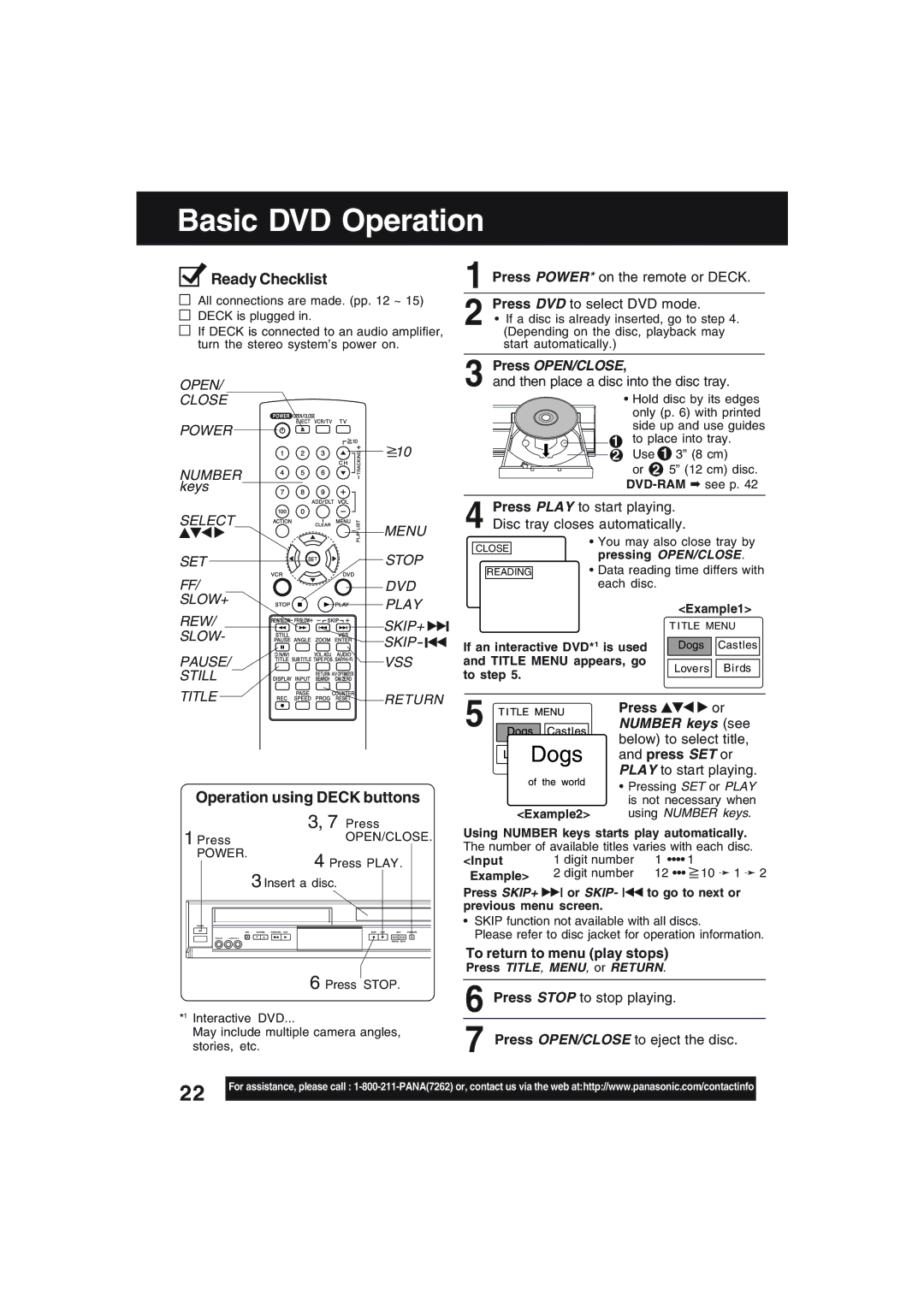 Technics PV-D4754S manual Basic DVD Operation, Operation using Deck buttons, Press OPEN/CLOSE, To return to menu play stops 