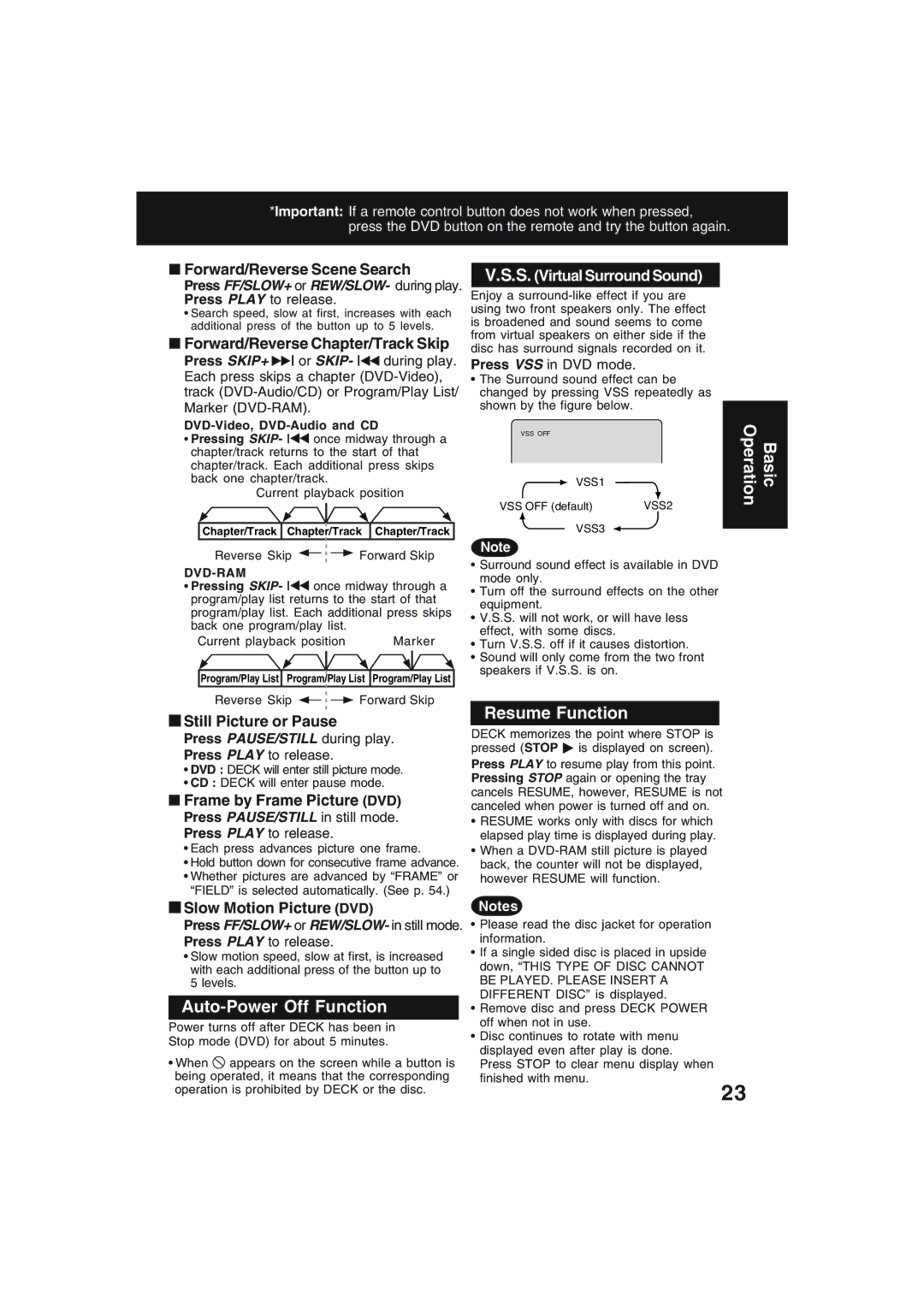 Technics PV-D4754S manual Auto-Power Off Function, Resume Function, S. Virtual Surround Sound 