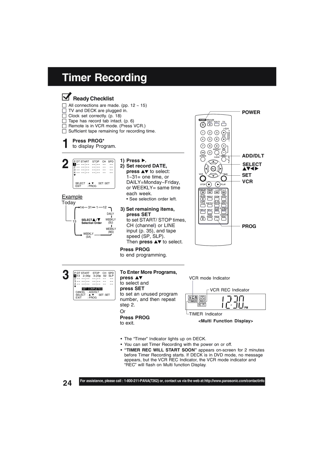 Technics PV-D4754S manual Timer Recording, Power ADD/DLT, Vcr, Prog 