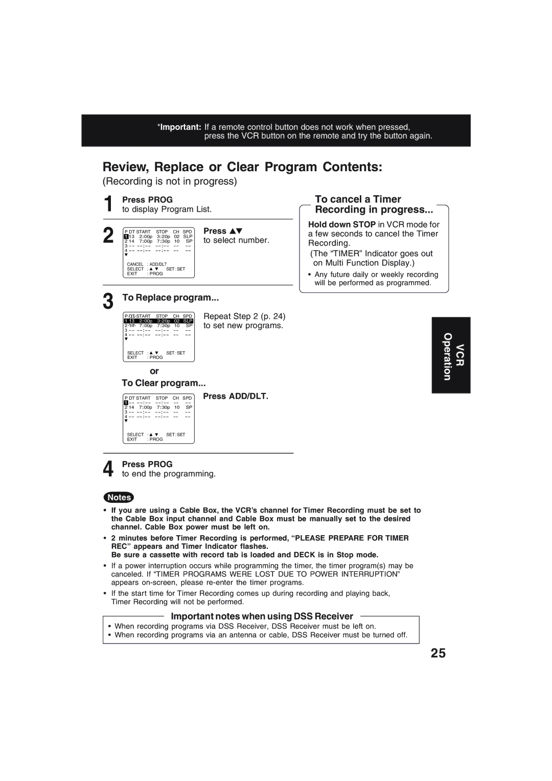 Technics PV-D4754S manual Review, Replace or Clear Program Contents 