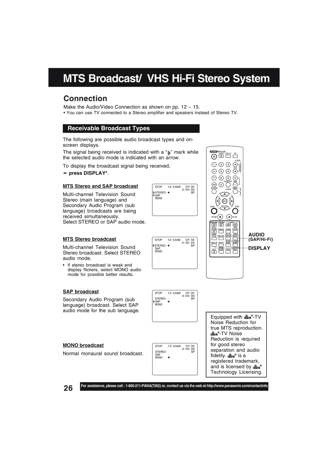 Technics PV-D4754S manual MTS Broadcast/ VHS Hi-Fi Stereo System, Receivable Broadcast Types, Audio, Display 