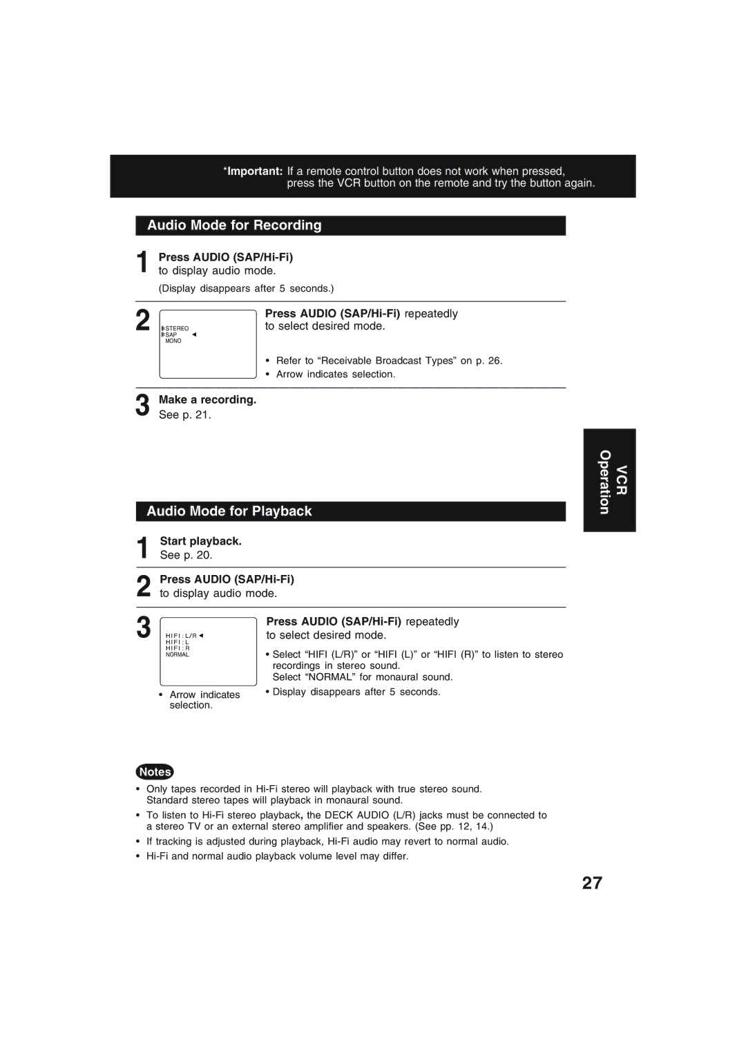 Technics PV-D4754S manual Audio Mode for Recording, Audio Mode for Playback, VCR Operation 